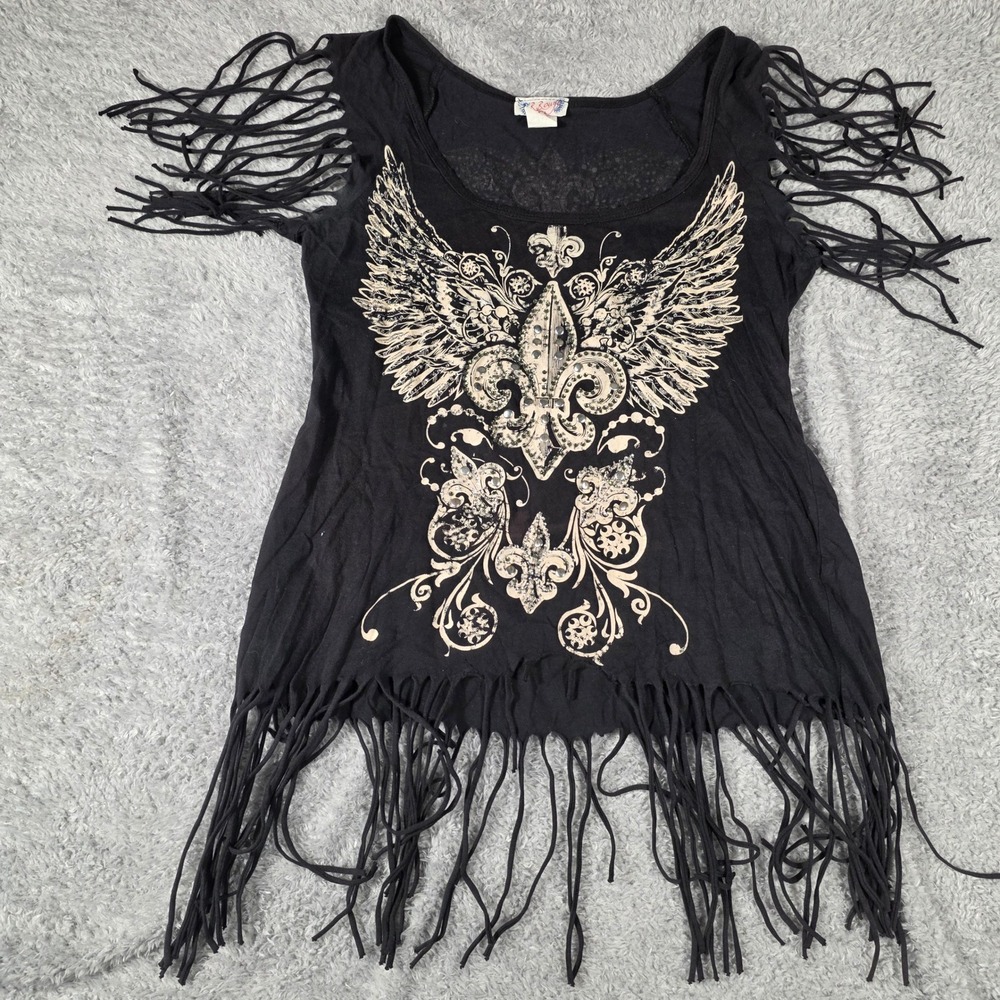 R. Rouge Graphic Tank Top Womens Large Black Fringe Rhinestone Wings Biker Y2K